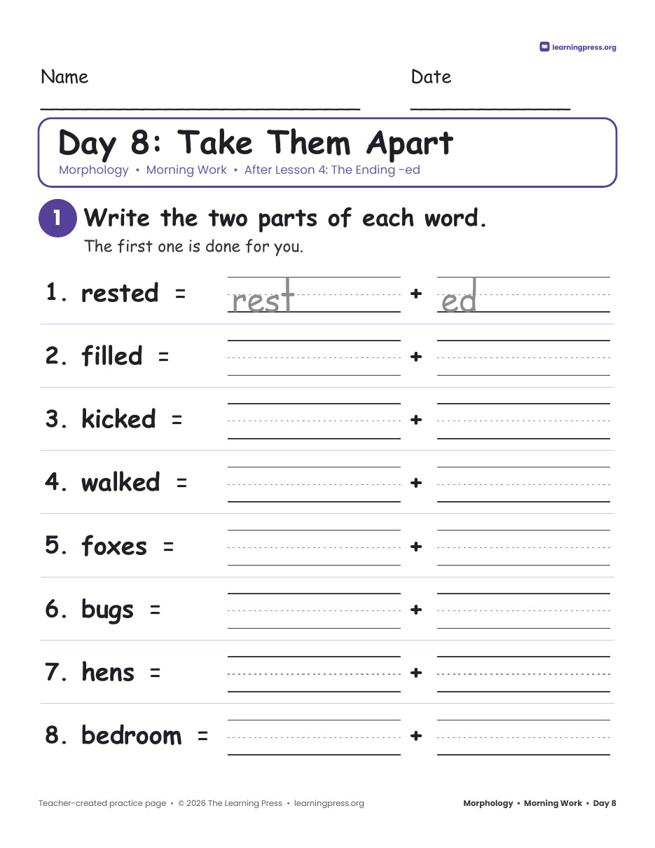 Preview page 2 of Grade 2 Morphology Morning Work · 50 Days of Prefixes, Suffixes & Endings