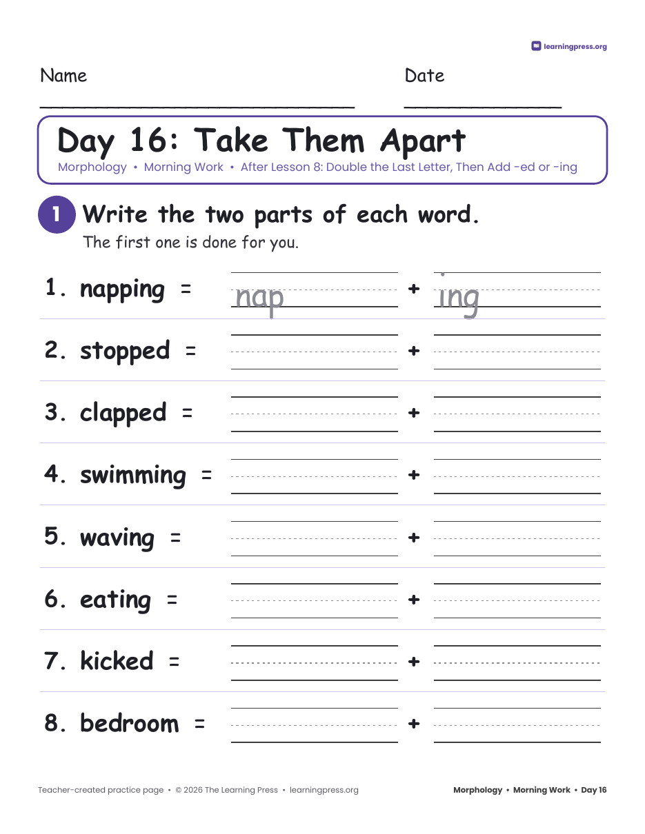 Preview page 3 of Grade 2 Morphology Morning Work · 50 Days of Prefixes, Suffixes & Endings