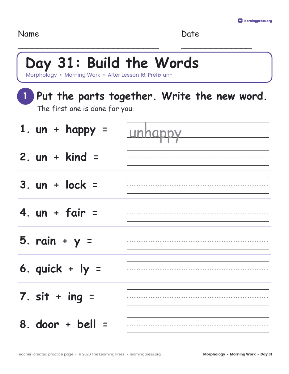 Preview page 4 of Grade 2 Morphology Morning Work · 50 Days of Prefixes, Suffixes & Endings