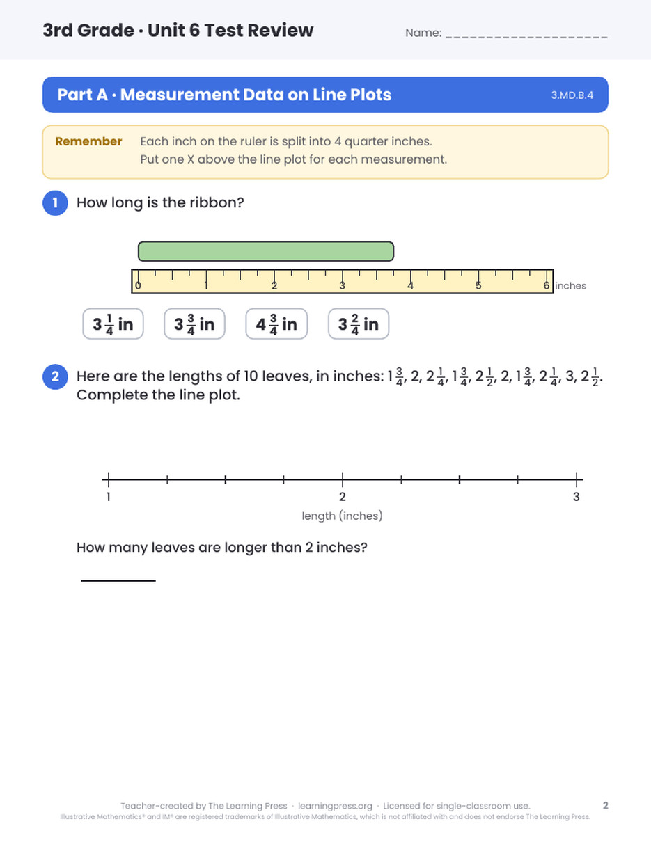 Preview page 1 of Illustrative Math (IM®) Aligned 3rd Grade Unit 6 Test Review
