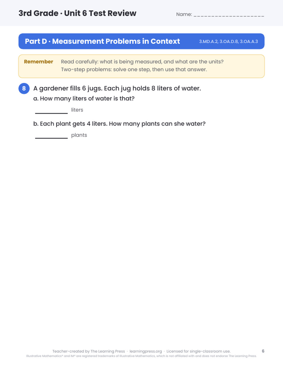 Preview page 3 of Illustrative Math (IM®) Aligned 3rd Grade Unit 6 Test Review