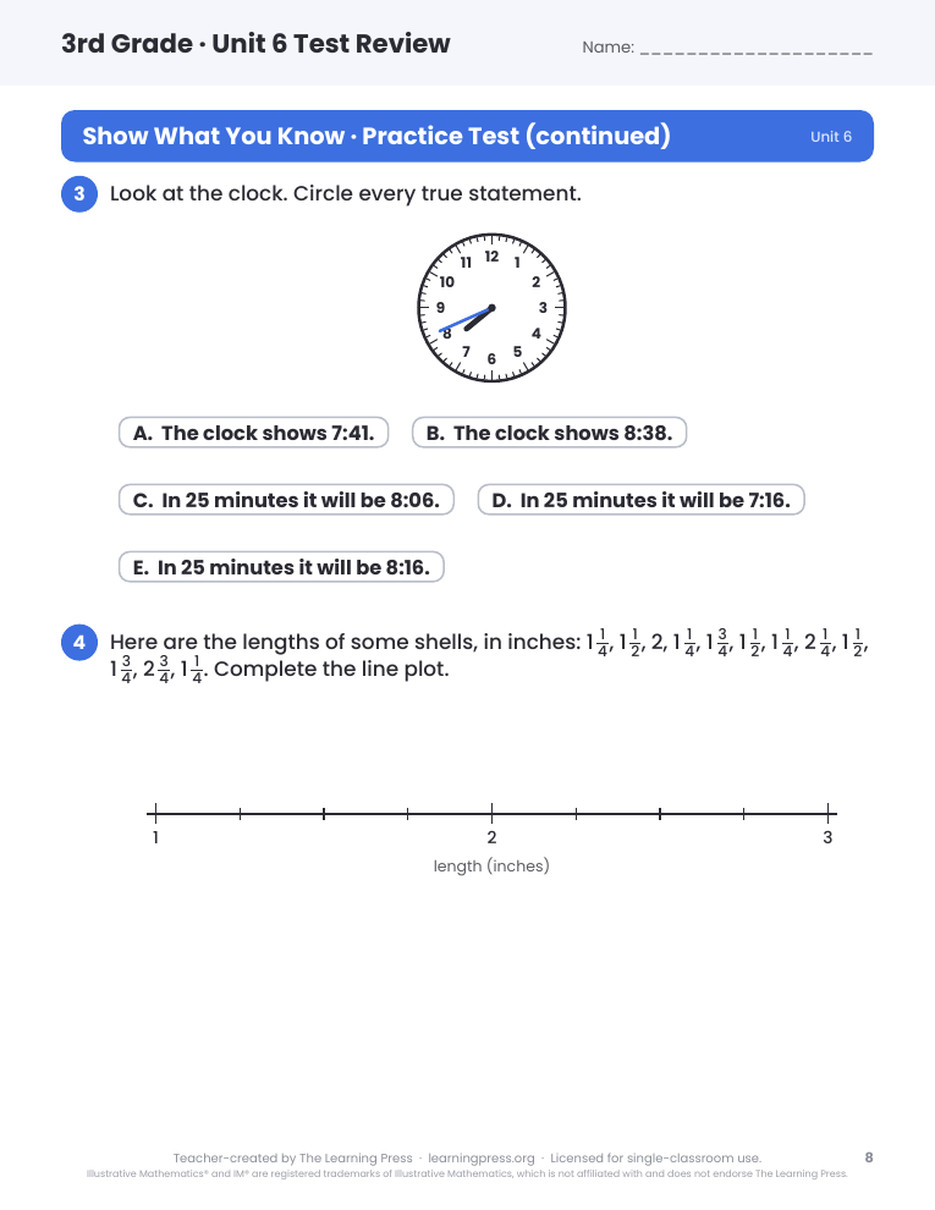 Preview page 4 of Illustrative Math (IM®) Aligned 3rd Grade Unit 6 Test Review