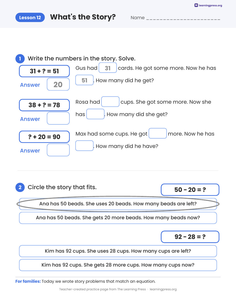 Preview page 4 of Illustrative Math (IM®) Aligned 2nd Grade Unit 9 Homework Packet (Color & B&W)