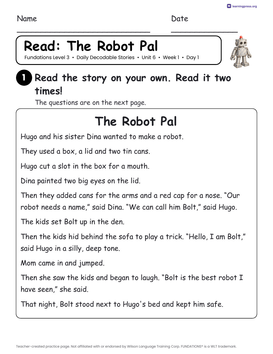 Preview page 1 of Fundations Level 3 Unit 6 Daily Decodable Stories
