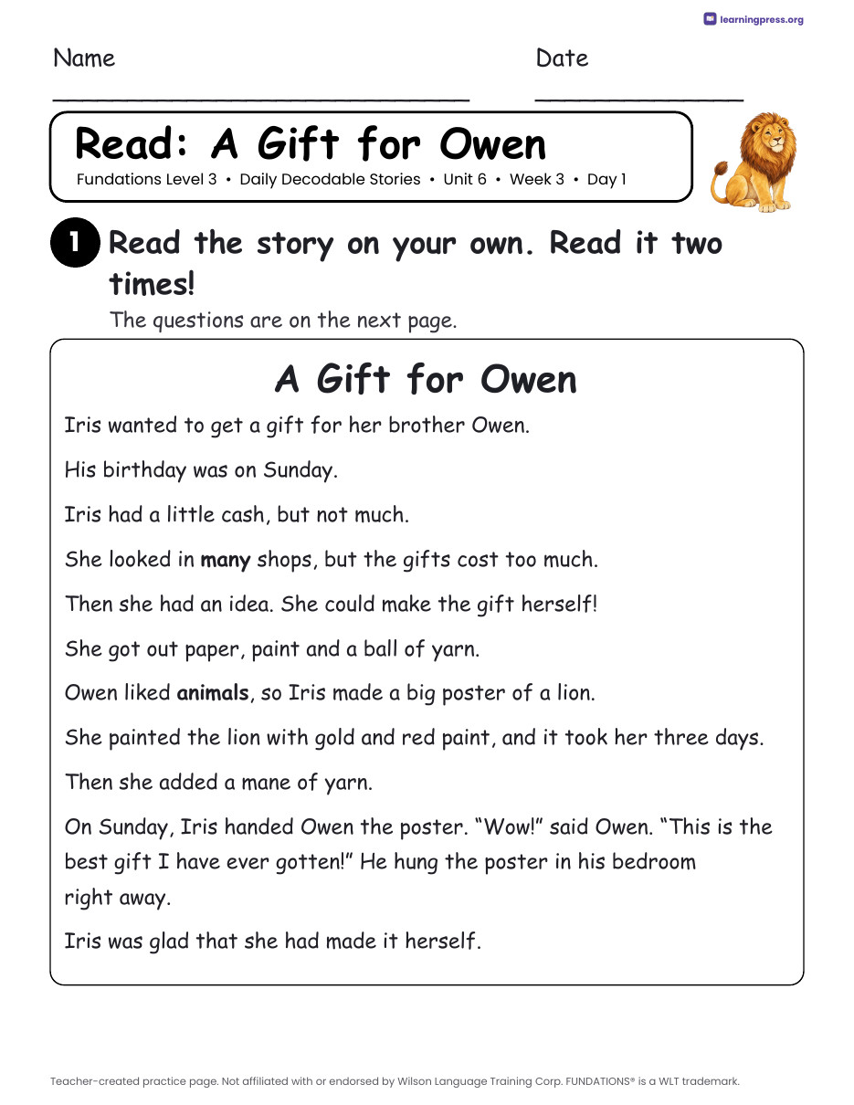 Preview page 4 of Fundations Level 3 Unit 6 Daily Decodable Stories