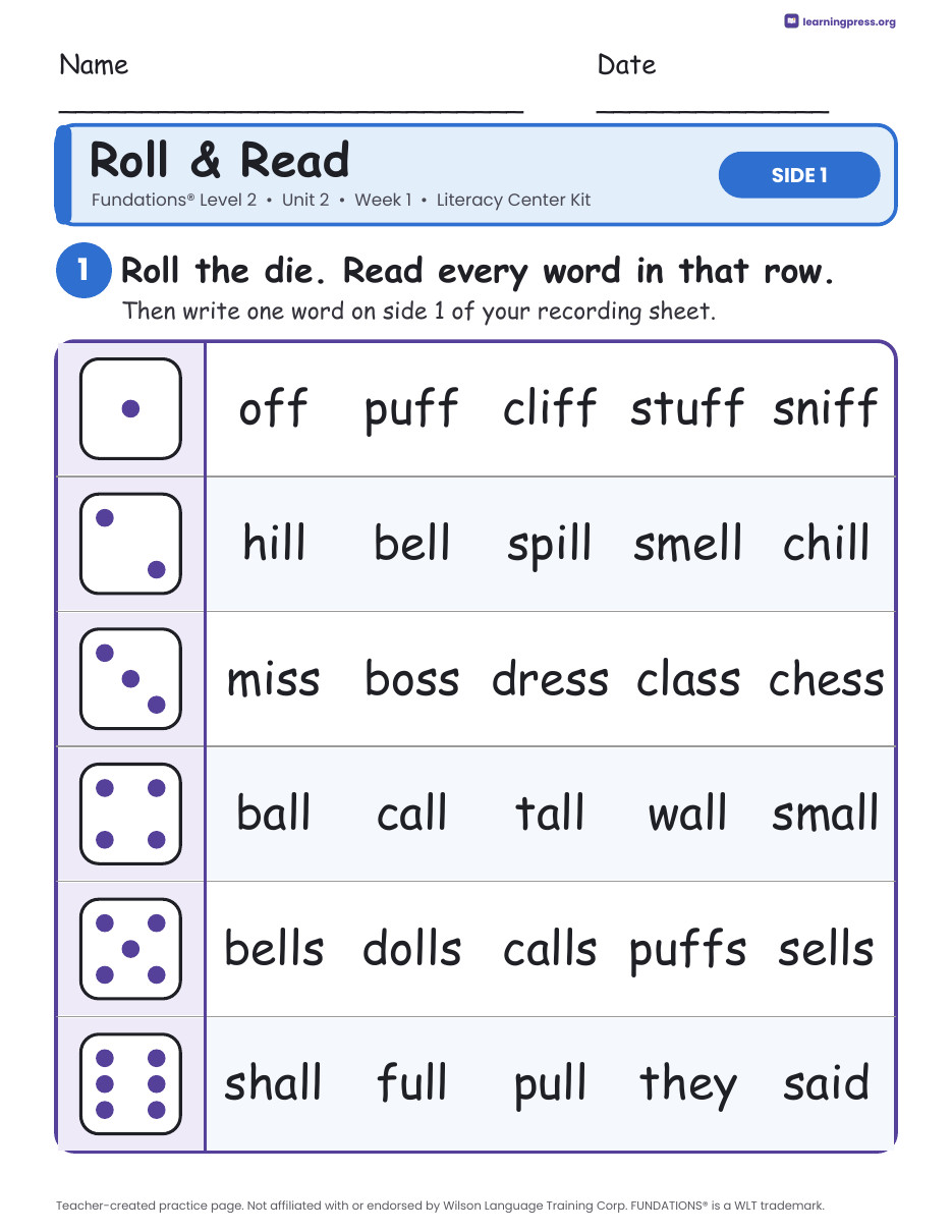 Preview page 1 of Fundations Level 2 Unit 2 Week 1 Literacy Center Kit