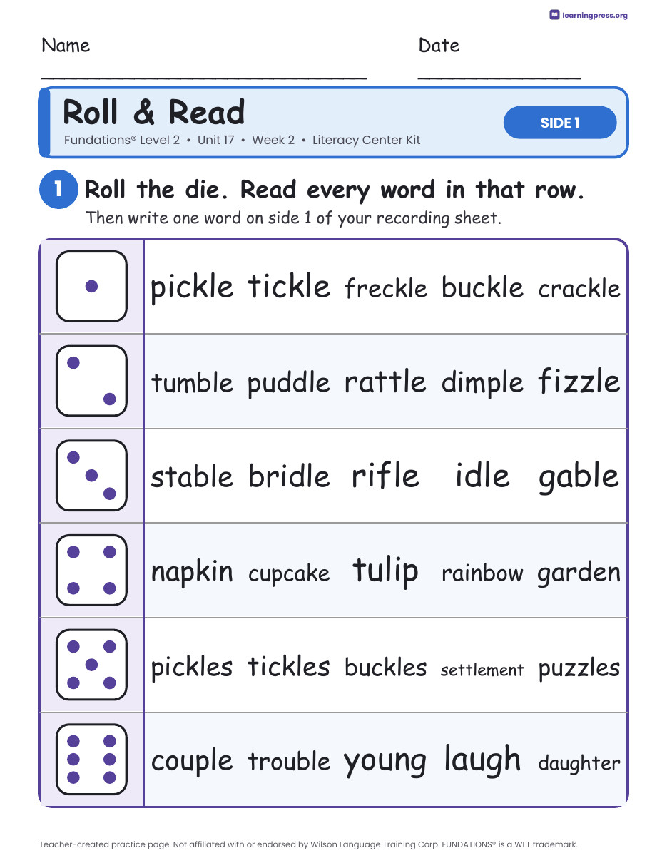 Preview page 1 of Fundations Level 2 Unit 17 Week 2 Literacy Center Kit