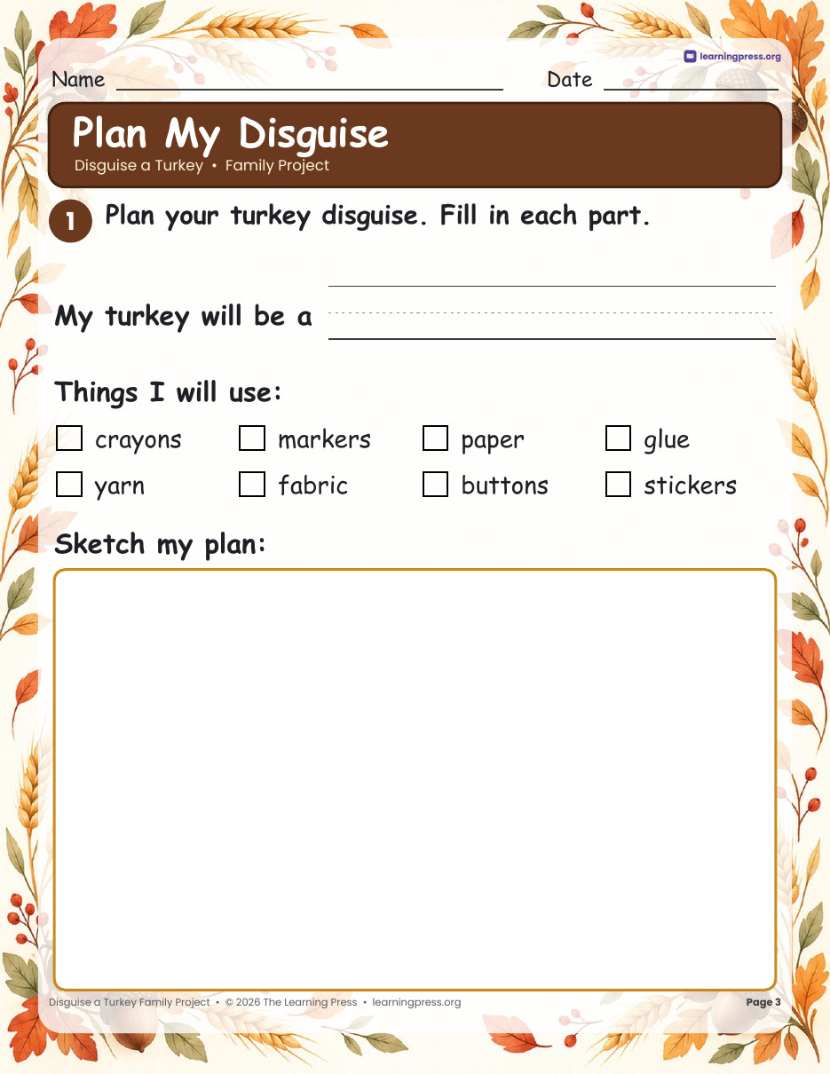 Preview page 1 of Disguise a Turkey Family Project · Turkey in Disguise for November