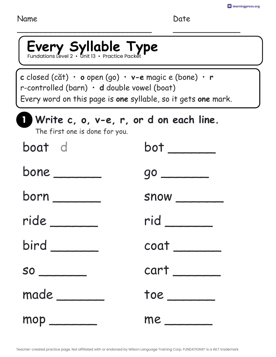 Preview page 2 of Fundations Level 2 Unit 13 Practice Packet