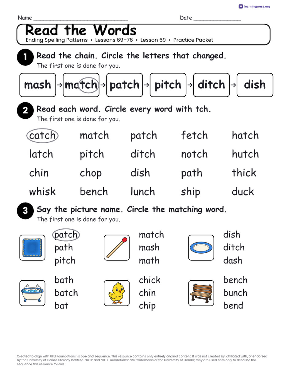 Preview page 2 of Ending Spelling Patterns Unit Bundle · Lessons 69–76