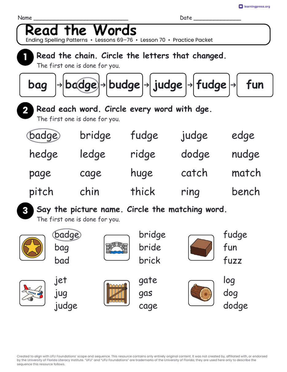 Preview page 4 of Ending Spelling Patterns Unit Bundle · Lessons 69–76