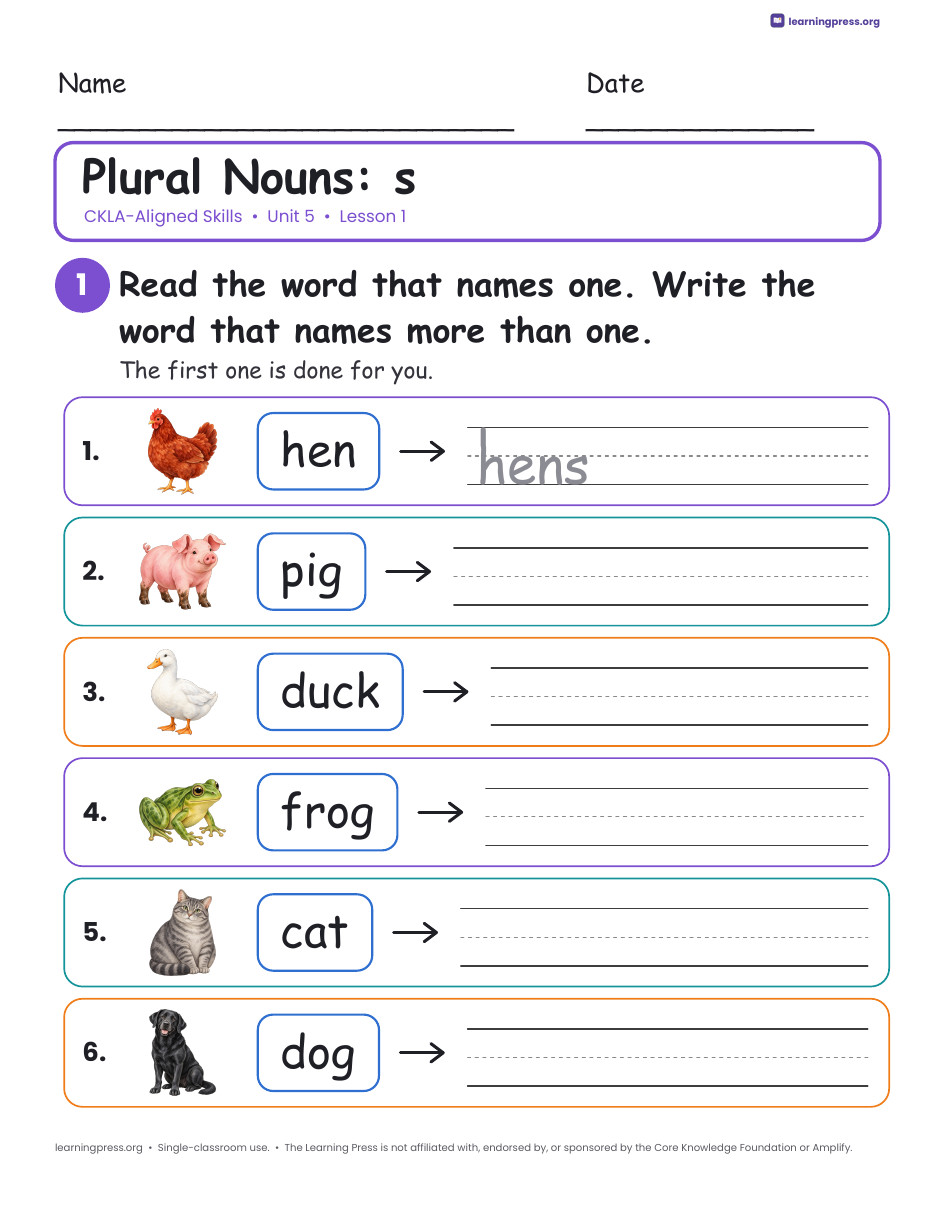 Preview page 1 of CKLA-Aligned Grade 1 Skills Unit 5 Worksheets (Lessons 1–22)