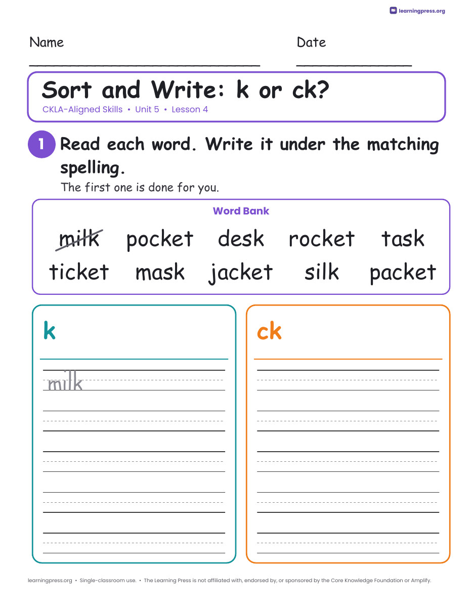 Preview page 2 of CKLA-Aligned Grade 1 Skills Unit 5 Worksheets (Lessons 1–22)