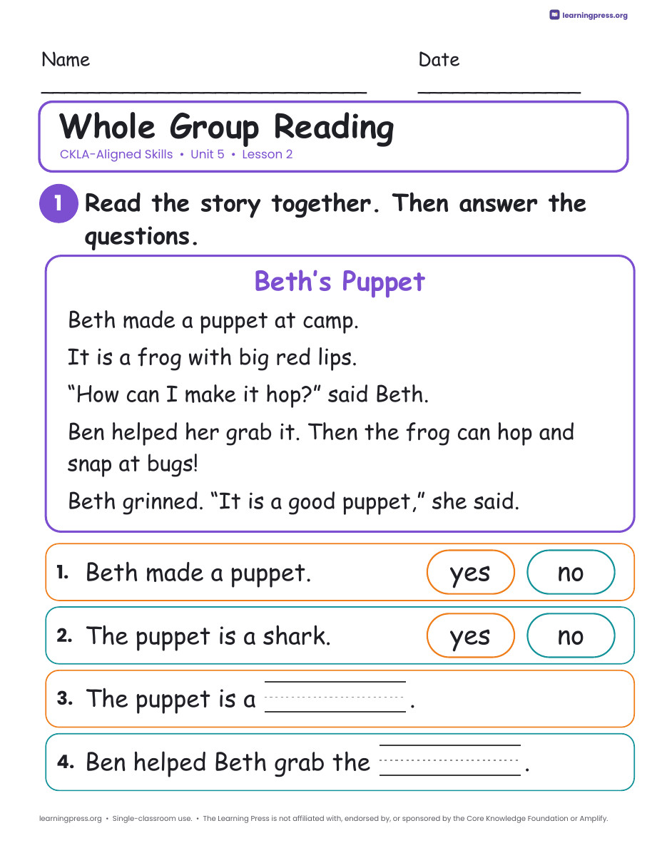 Preview page 4 of CKLA-Aligned Grade 1 Skills Unit 5 Worksheets (Lessons 1–22)