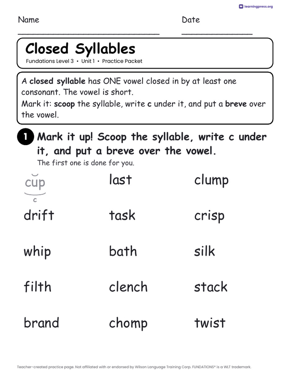 Preview page 1 of Free Fundations Level 3 Unit 1 Practice Packet Sample