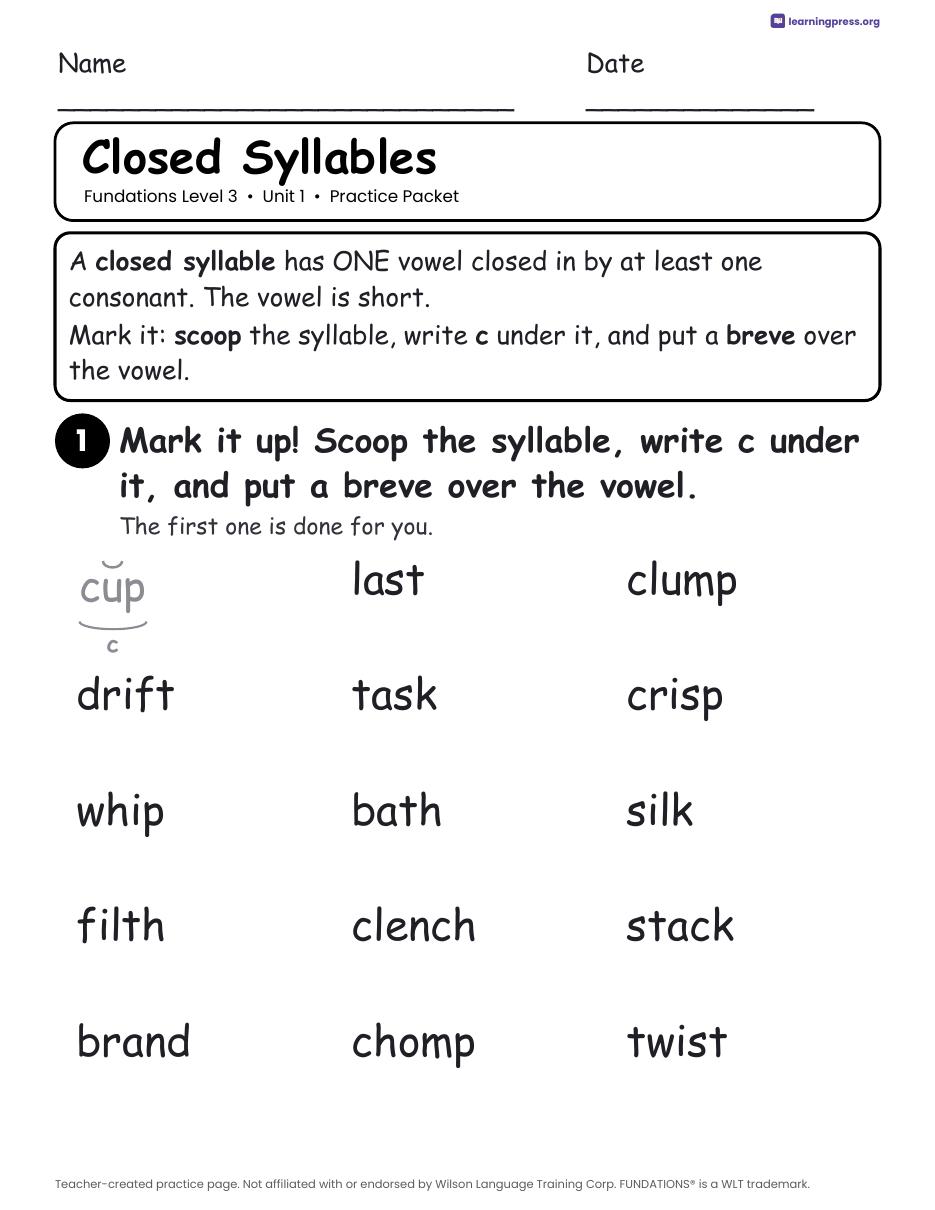 Preview page 1 of Free Fundations Level 3 Unit 1 Worksheets Sample