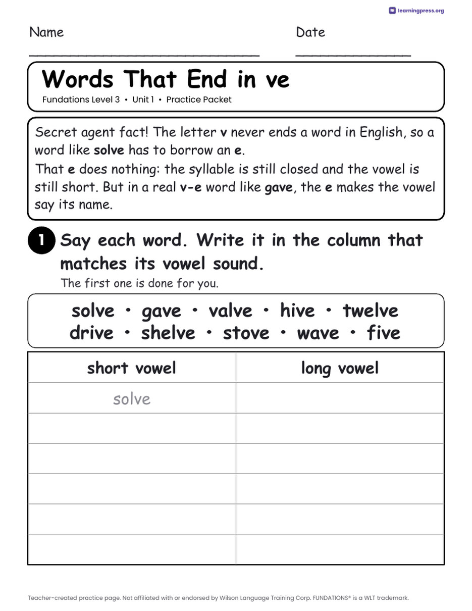 Preview page 3 of Free Fundations Level 3 Unit 1 Practice Packet Sample