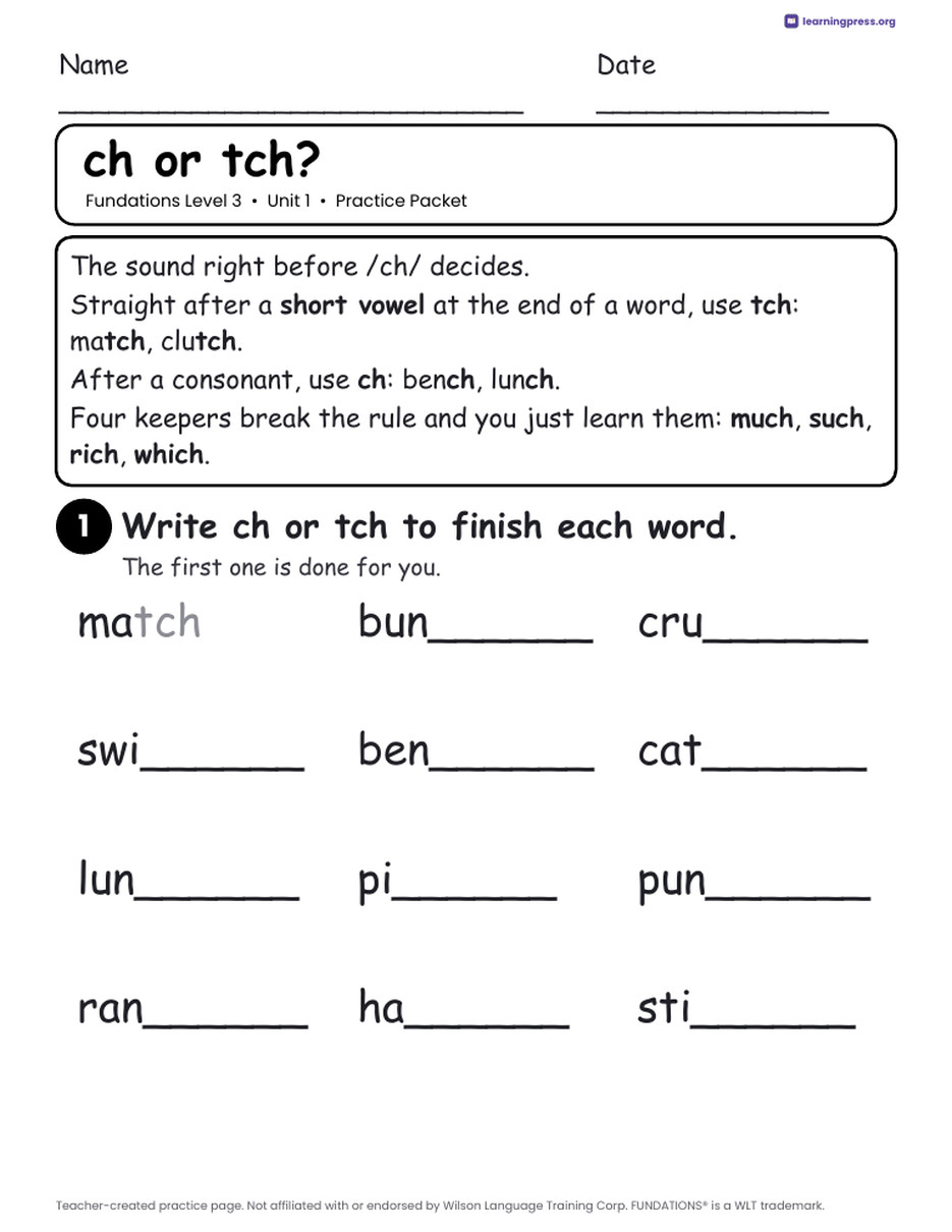 Preview page 4 of Free Fundations Level 3 Unit 1 Practice Packet Sample