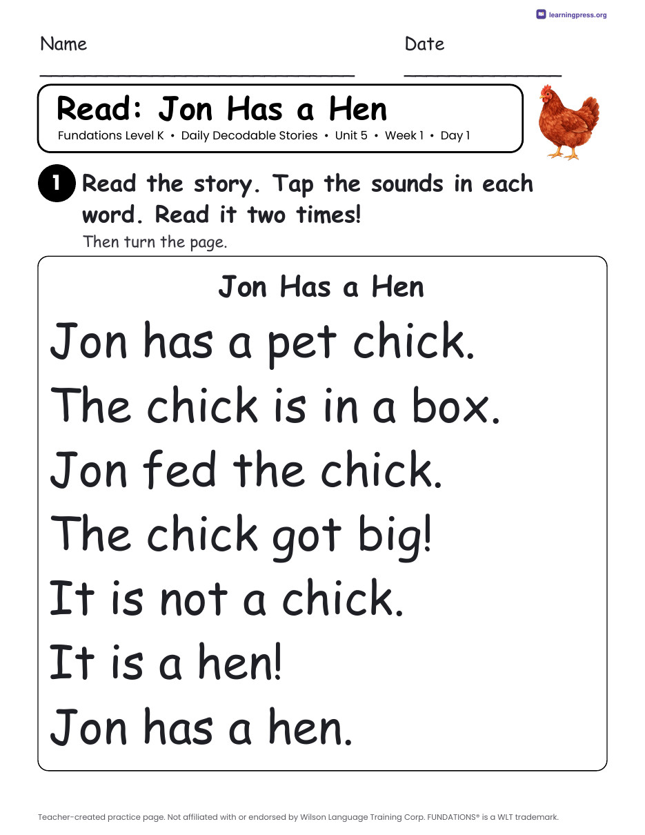 Preview page 1 of Fundations Level K Unit 5 Daily Decodable Stories