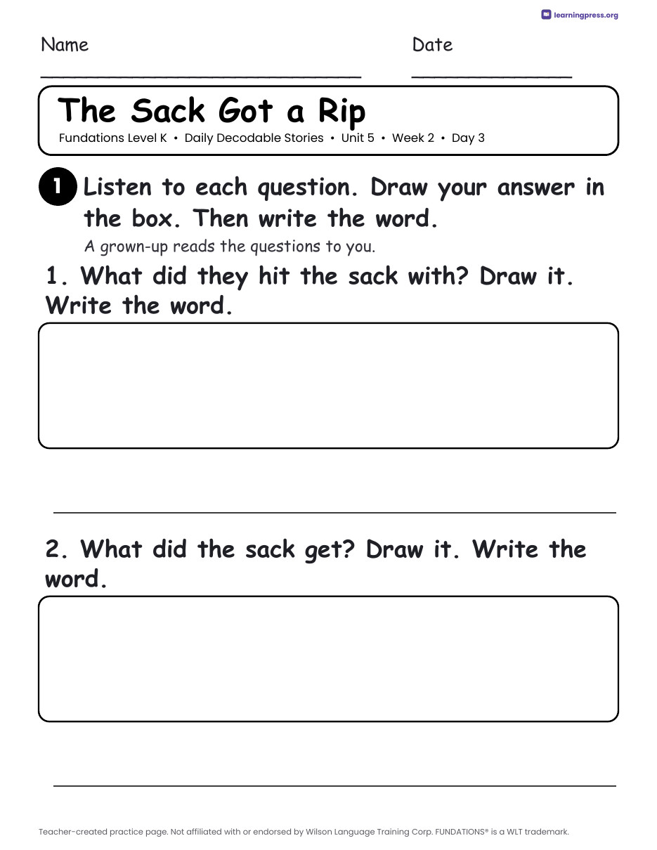 Preview page 2 of Fundations Level K Unit 5 Daily Decodable Stories