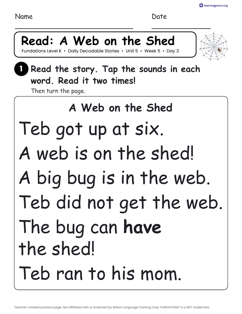 Preview page 4 of Fundations Level K Unit 5 Daily Decodable Stories