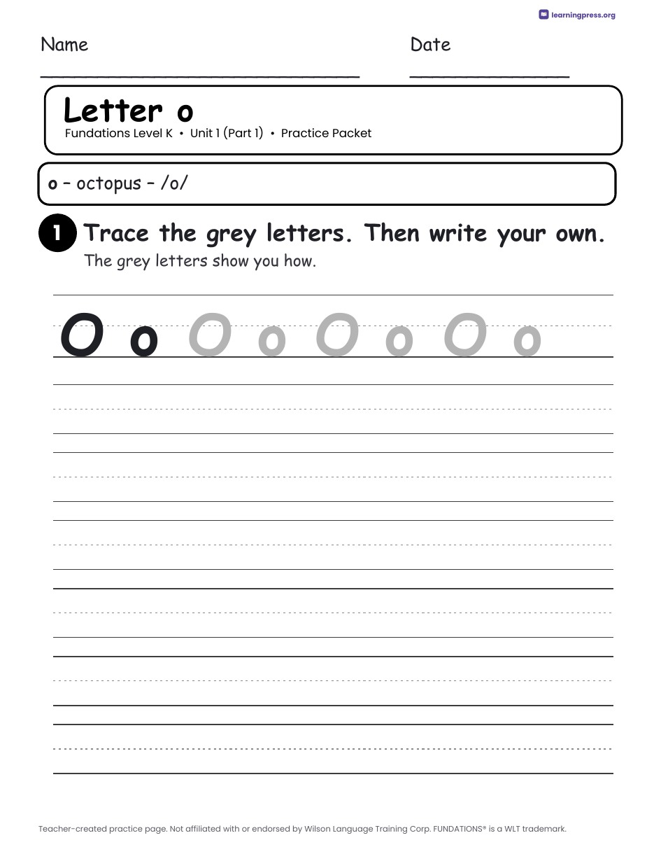 Preview page 1 of Fundations Level K — Full-Year Practice Packets Bundle (All Units 1–5)