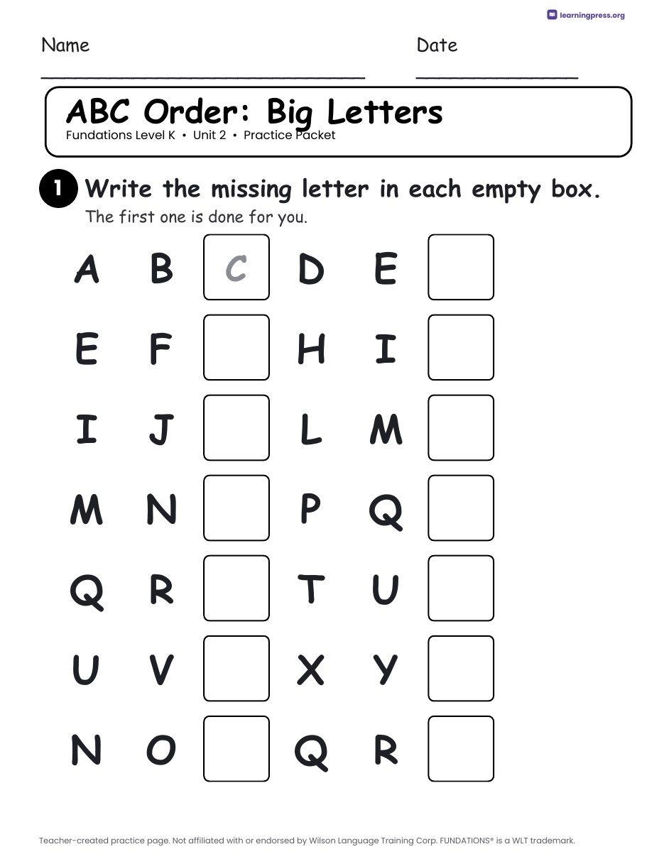 Preview page 2 of Fundations Level K — Full-Year Practice Packets Bundle (All Units 1–5)