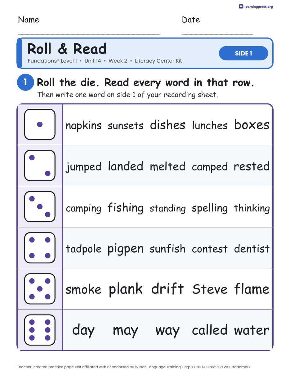 Preview page 1 of Fundations Level 1 Unit 14 Week 2 Literacy Center Kit