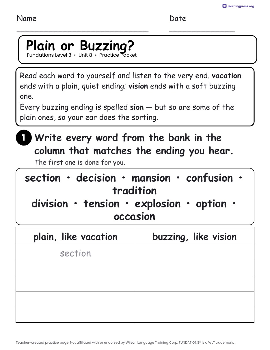 Preview page 2 of Fundations Level 3 Unit 8 Practice Packet