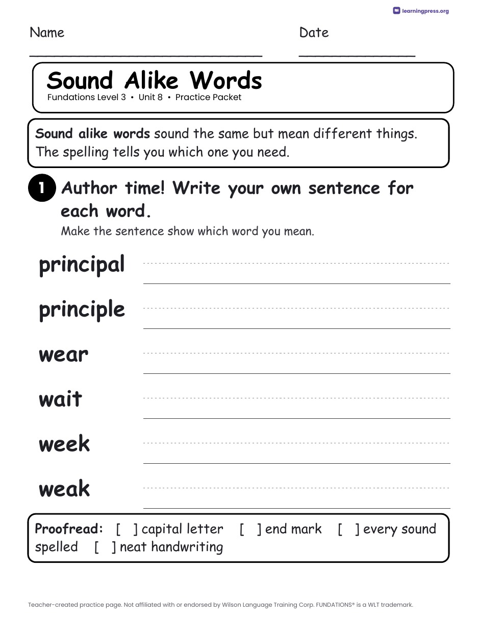 Preview page 3 of Fundations Level 3 Unit 8 Practice Packet