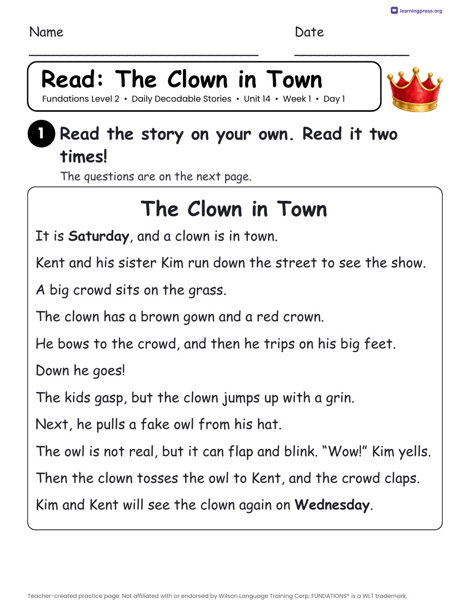 Preview page 1 of Fundations Level 2 Unit 14 Daily Decodable Stories