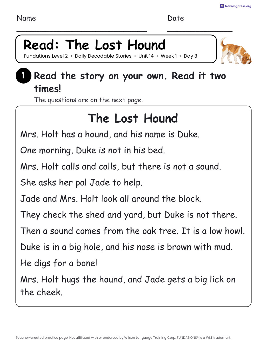 Preview page 2 of Fundations Level 2 Unit 14 Daily Decodable Stories
