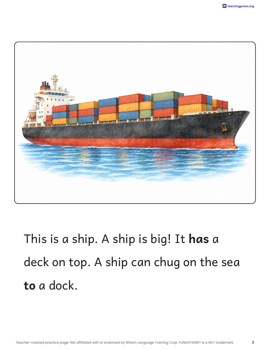 Preview page 1 of Fundations®-Aligned Decodable Nonfiction Book · Level 1 Unit 3: Ships