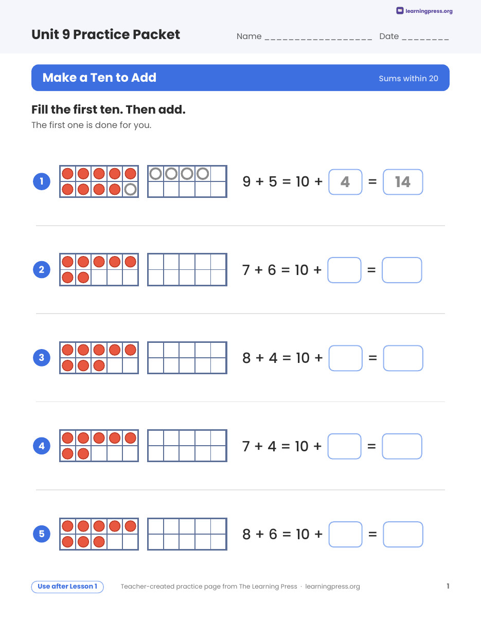 Preview page 1 of Illustrative Math (IM®) Aligned 2nd Grade Unit 9 Practice Packet (Color & B&W)