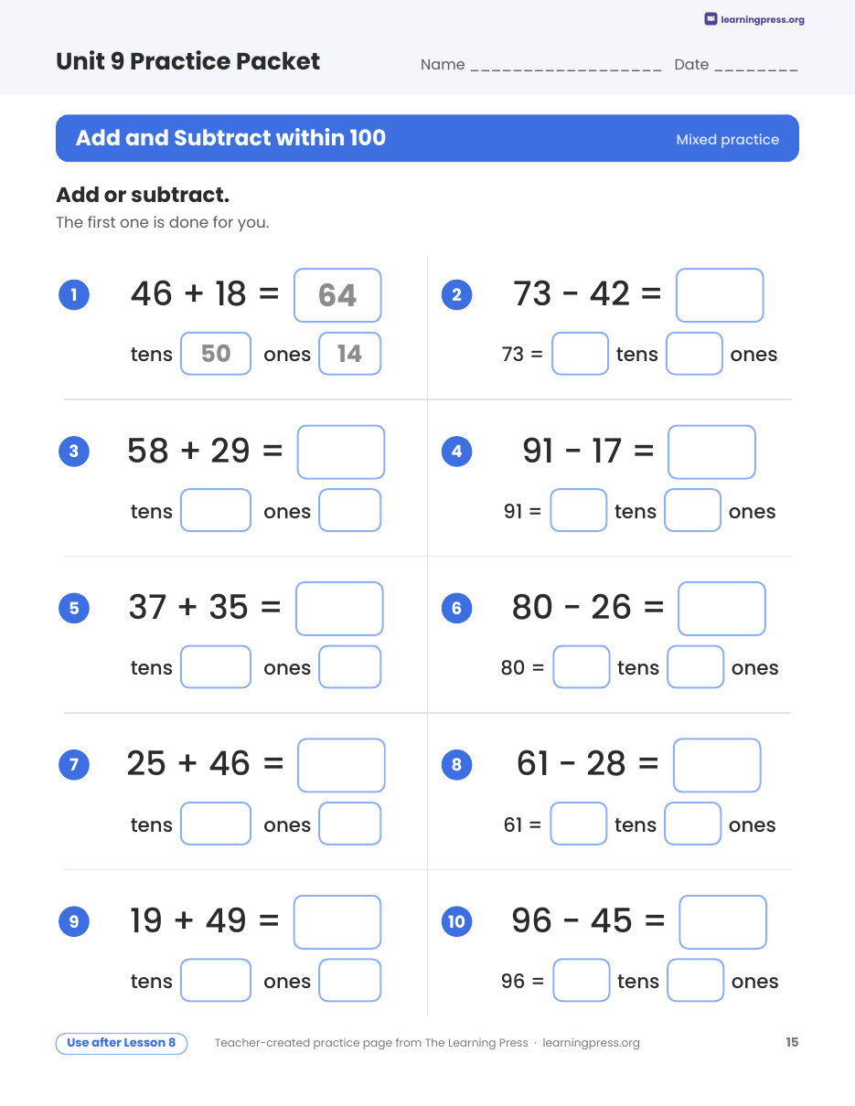 Preview page 3 of Illustrative Math (IM®) Aligned 2nd Grade Unit 9 Practice Packet (Color & B&W)
