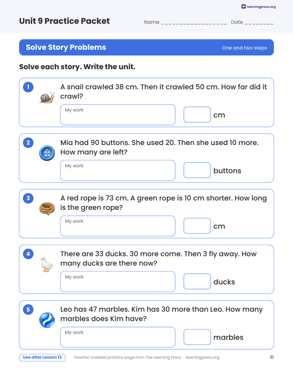 Preview page 4 of Illustrative Math (IM®) Aligned 2nd Grade Unit 9 Practice Packet (Color & B&W)