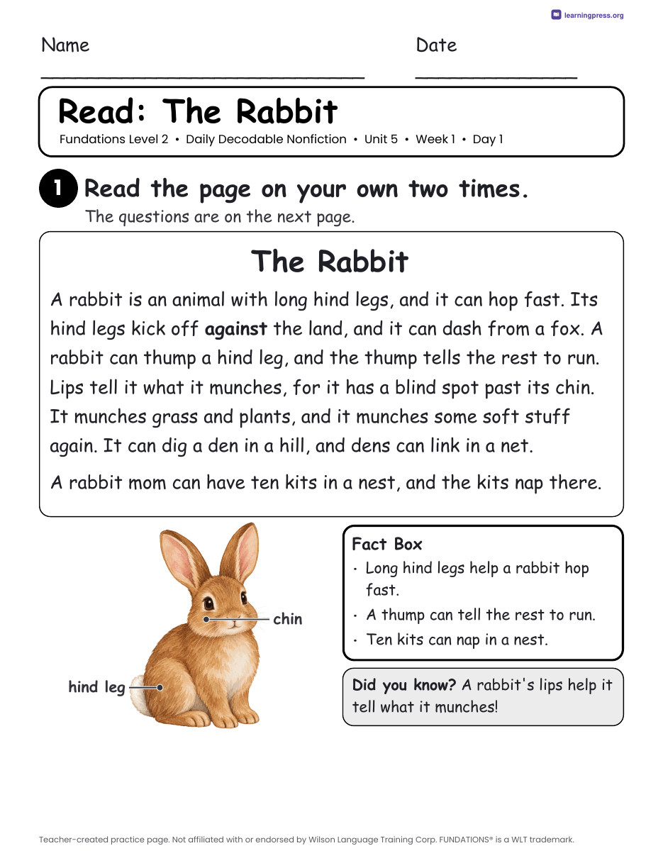 Preview page 1 of Fundations-Aligned Daily Decodable Nonfiction · Level 2 Unit 5