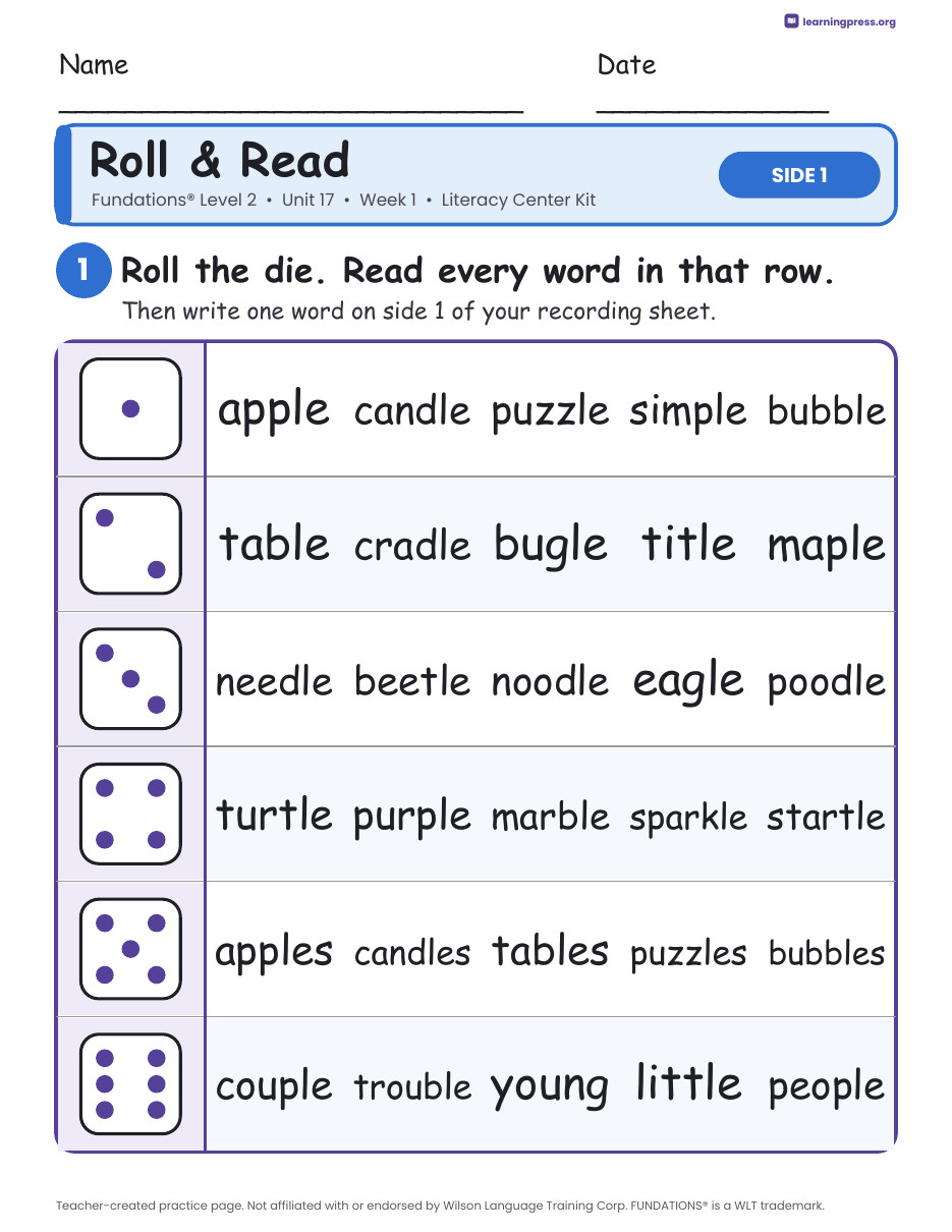 Preview page 1 of Fundations Level 2 Unit 17 Week 1 Literacy Center Kit