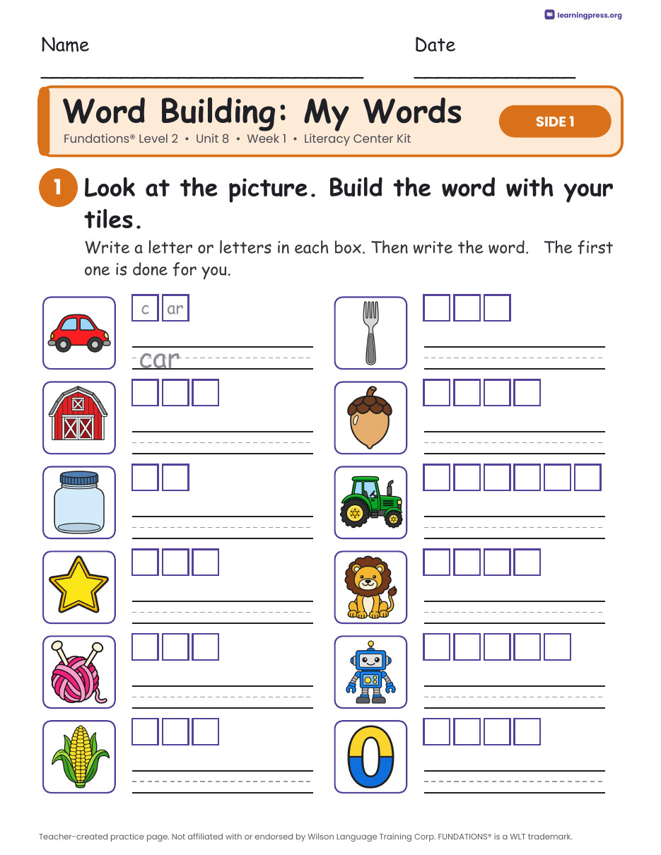 Preview page 2 of Fundations Level 2 Unit 8 Week 1 Literacy Center Kit