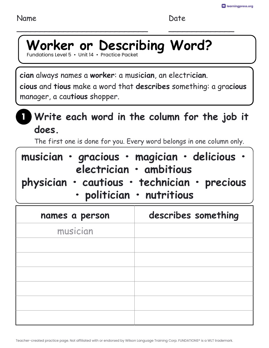 Preview page 2 of Fundations Level 5 Unit 14 Practice Packet