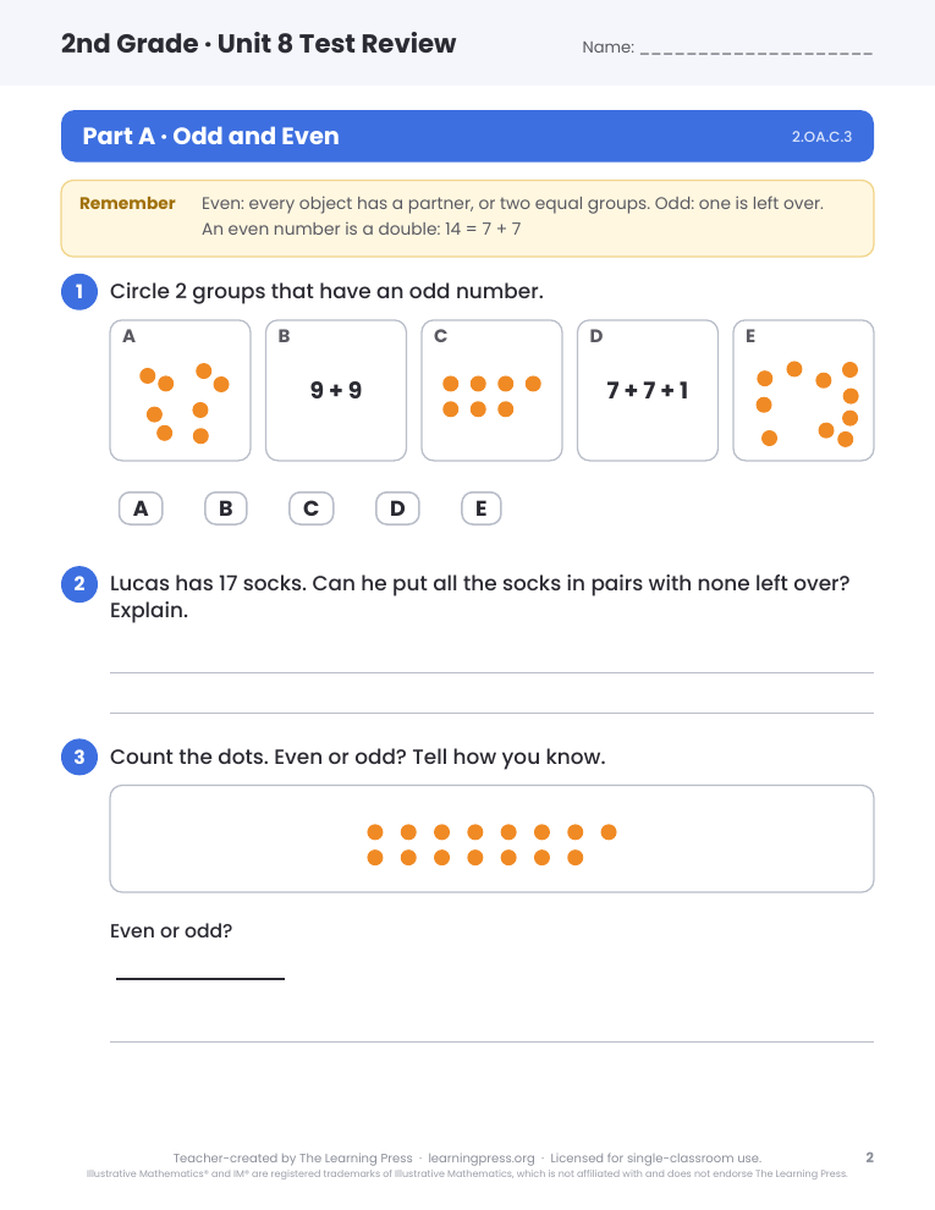 Preview page 1 of Illustrative Math (IM®) Aligned 2nd Grade Unit 8 Test Review