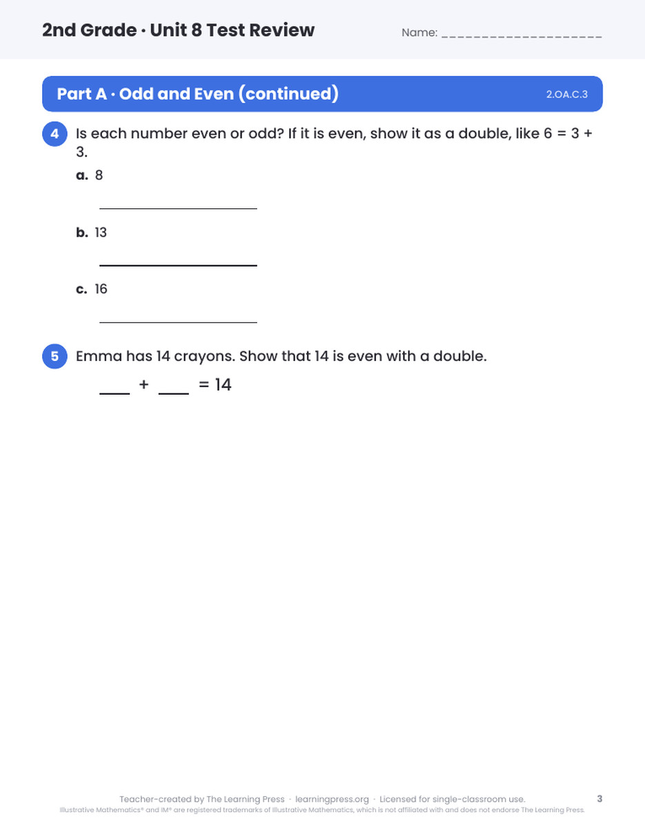 Preview page 2 of Illustrative Math (IM®) Aligned 2nd Grade Unit 8 Test Review