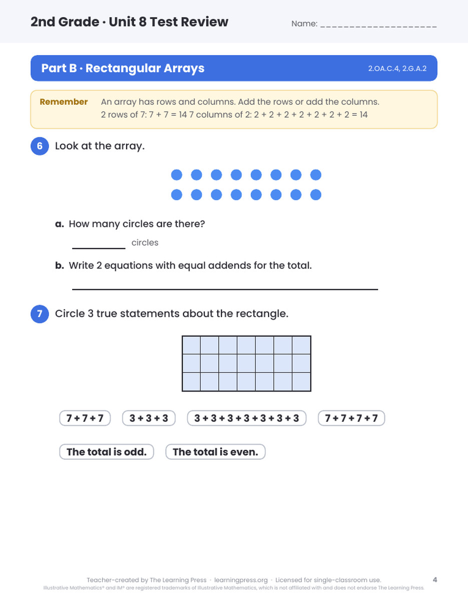 Preview page 3 of Illustrative Math (IM®) Aligned 2nd Grade Unit 8 Test Review