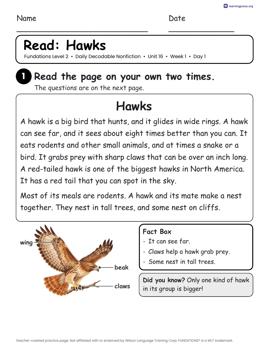 Preview page 1 of Fundations-Aligned Daily Decodable Nonfiction · Level 2 Unit 16