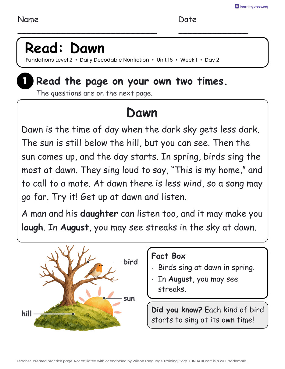 Preview page 3 of Fundations-Aligned Daily Decodable Nonfiction · Level 2 Unit 16