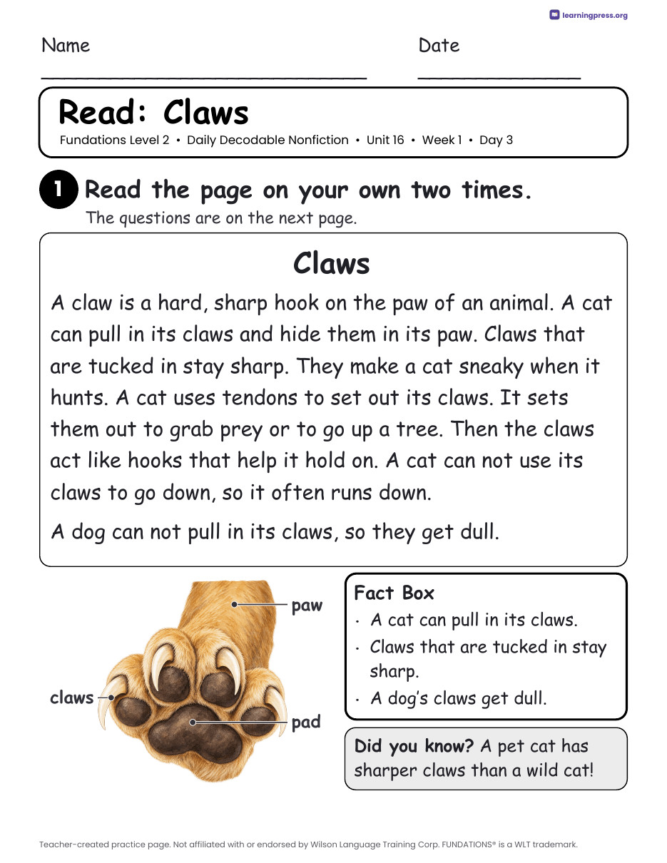 Preview page 4 of Fundations-Aligned Daily Decodable Nonfiction · Level 2 Unit 16