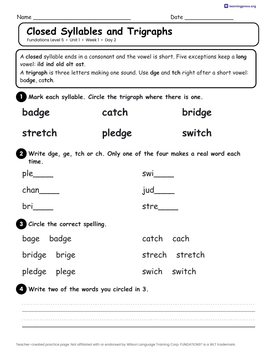 Preview page 1 of Fundations LEVEL 5 — Full-Year Daily Lesson Work Page Bundle (All Units 1–15)