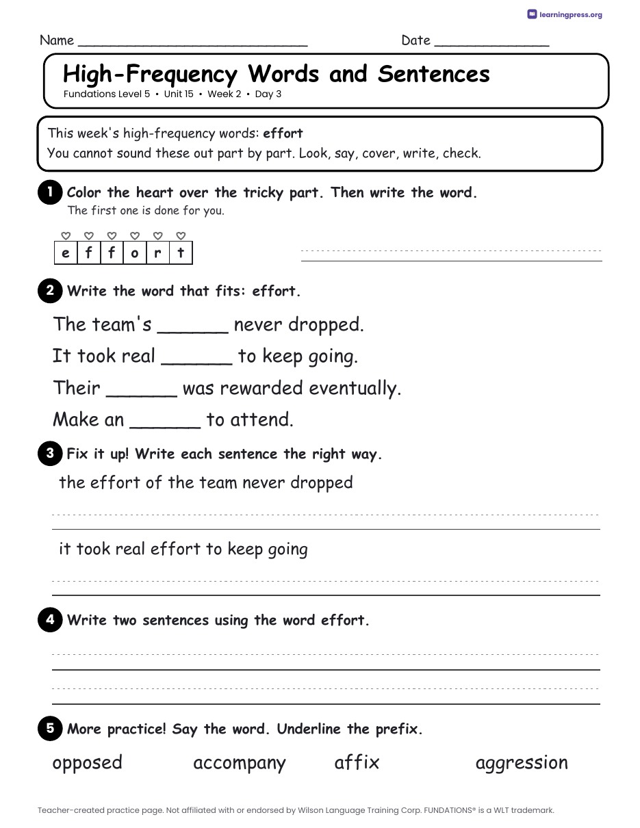 Preview page 4 of Fundations LEVEL 5 — Full-Year Daily Lesson Work Page Bundle (All Units 1–15)
