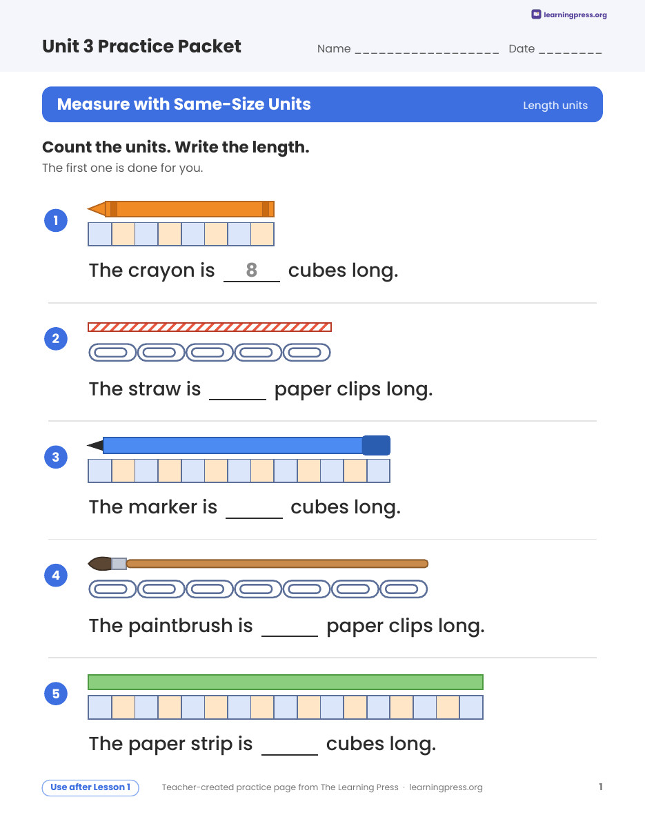 Preview page 1 of Illustrative Math (IM®) Aligned 2nd Grade Unit 3 Practice Packet (Color & B&W)