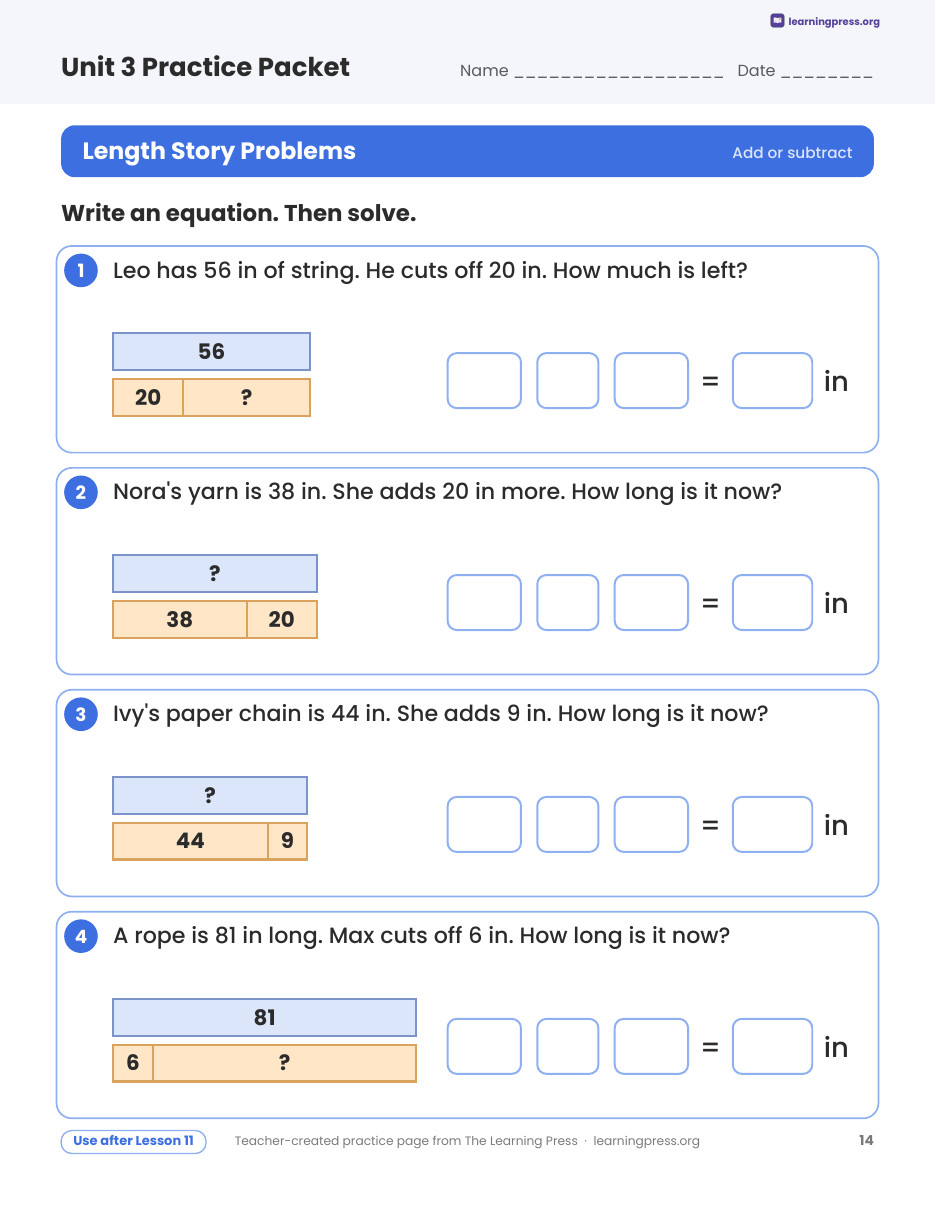Preview page 3 of Illustrative Math (IM®) Aligned 2nd Grade Unit 3 Practice Packet (Color & B&W)